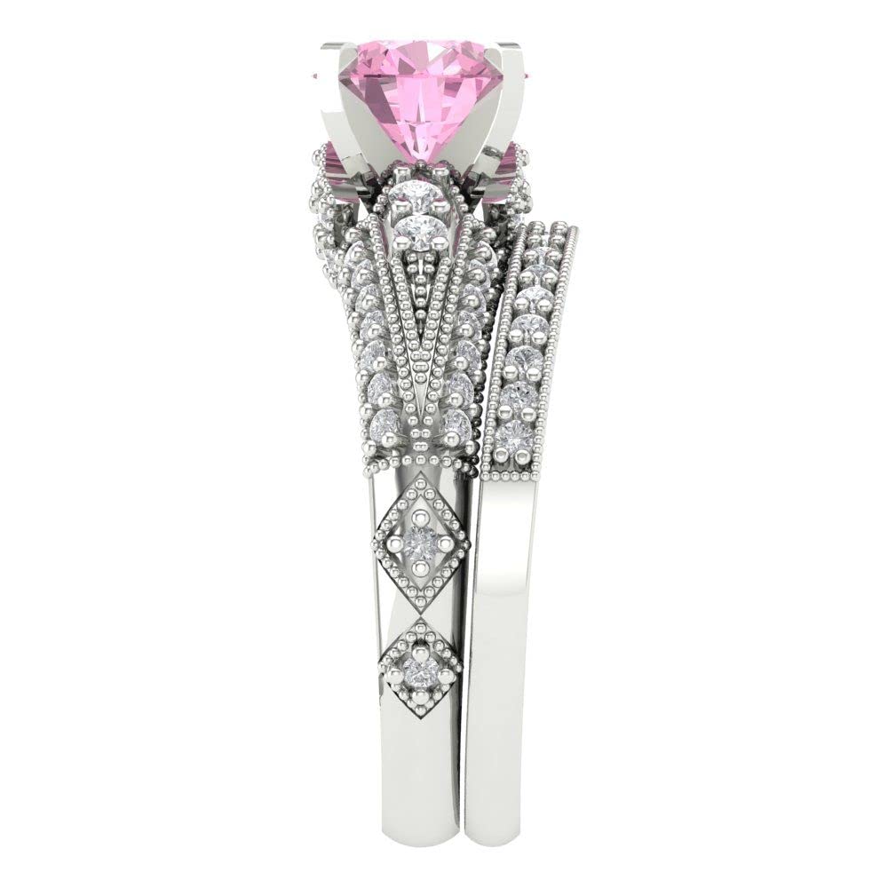 Clara Pucci 2.10ct Round Cut Solitaire Accent Pink Simulated Diamond Engagement Promise Bridal Ring Band set 14k White Gold 8