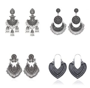 4 pair traditional vintage retro antique silver gold boho bohemian jewelry ethnic tribal gypsy engraved hook drop dangle jhumka bells tassel earrings for women -style 1