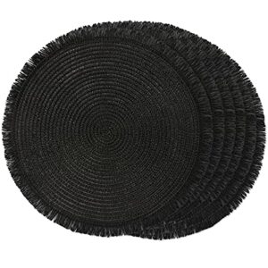 FunWheat Paper Round Braided Placemats Set of 6 for Dining Tables 15 Inch Heat Resistant Table Mats Farmhouse Woven Fabric Natural Place mats for Decoration with Tassel(Black)