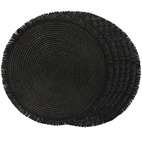 FunWheat Paper Round Braided Placemats Set of 6 for Dining Tables 15 Inch Heat Resistant Table Mats Farmhouse Woven Fabric Natural Place mats for Decoration with Tassel(Black)