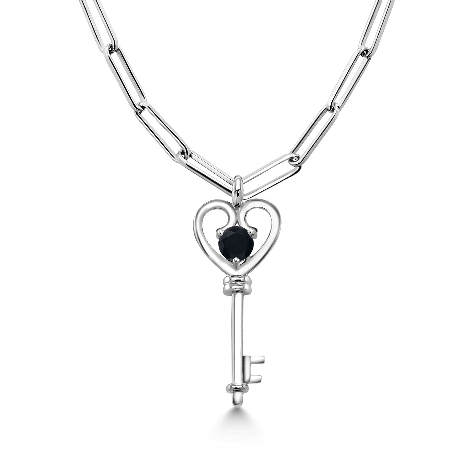 Gem Stone King 0.48 Ct Round Black Onyx 925 Sterling Silver Heart Key Pendant with 3.25mm Paperclip Link Chain 18 inch with 2 inch Extender