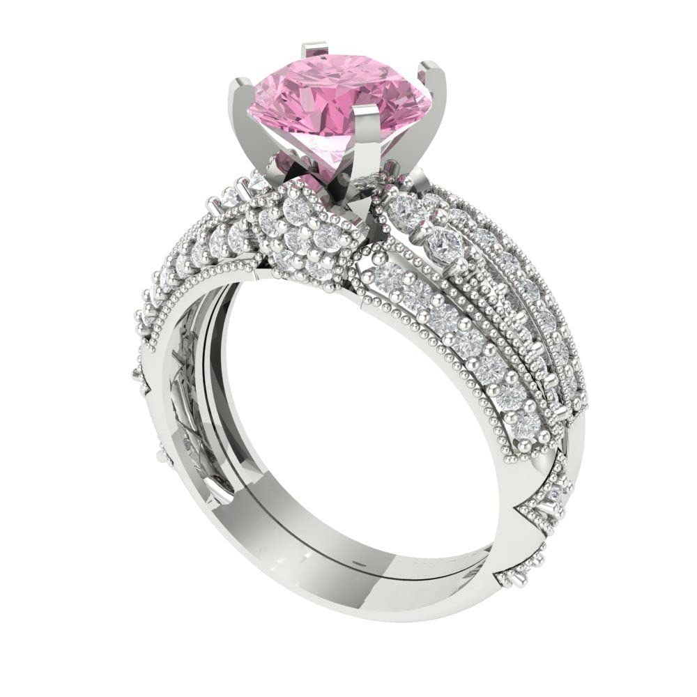 Clara Pucci 2.10ct Round Cut Solitaire Accent Pink Simulated Diamond Engagement Promise Bridal Ring Band set 14k White Gold 8