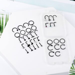 ONESING 40 Pcs 20G Black Nose Rings L Shape Studs Hoop Stainless Steel Bone Screw Body Piercing Jewelry for Women Men