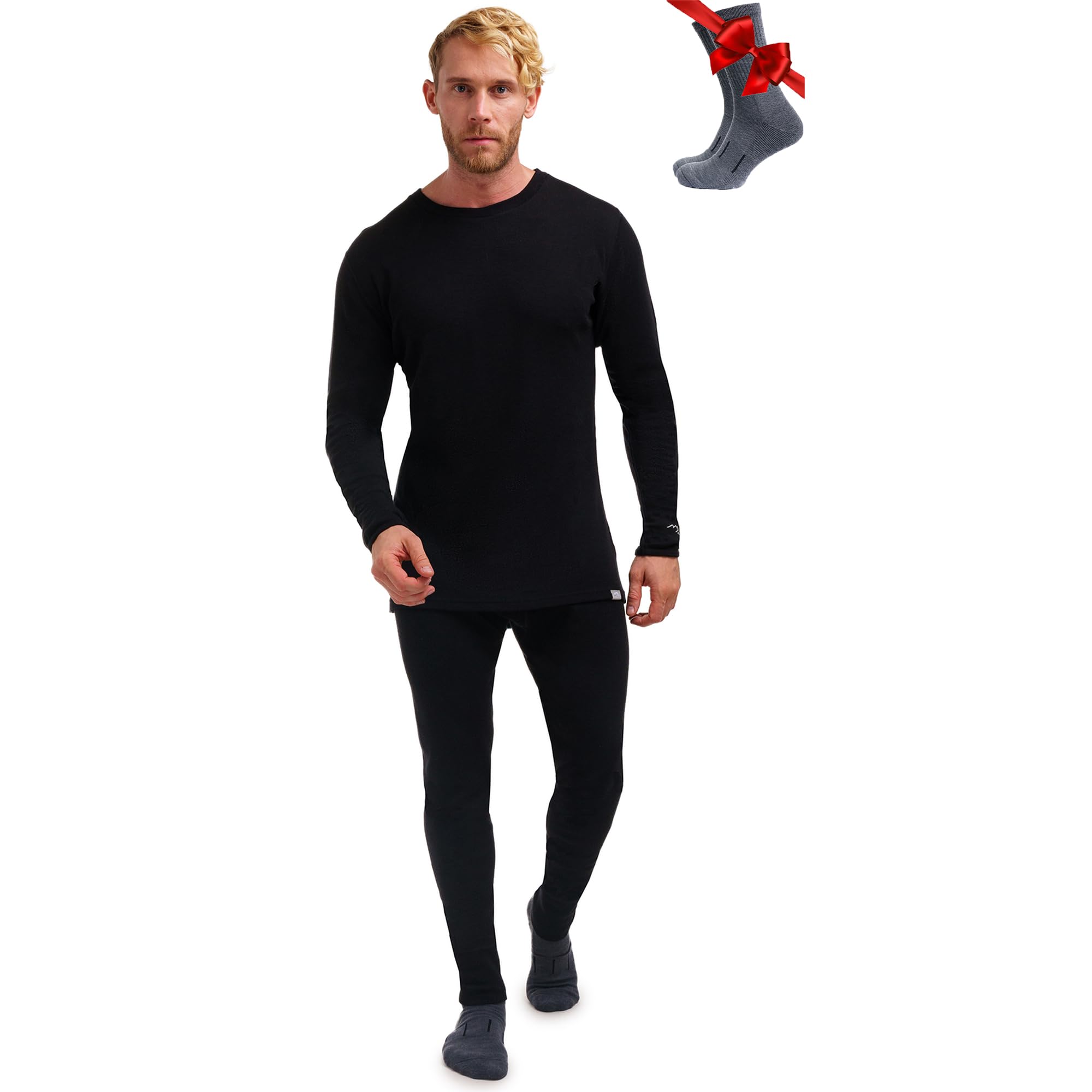 Merino.tech Merino Wool Base Layer Mens Set - Midweight Merino Wool Thermal Underwear For Men Top, Bottom (Medium, 250 Black)