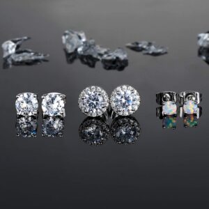 Pack of Earrings White Opal Cubic Zirconia Studs Hypoallergnic for Sensitive Ears 18K White Gold Plated