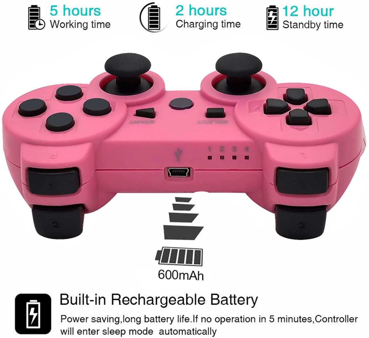 Rzzhgzq 2 Pack PS3 Wireless Controller Playstation 3 Controller Wireless Bluetooth Gamepad with USB Charger Cable for PS3 Console (Pink+White)