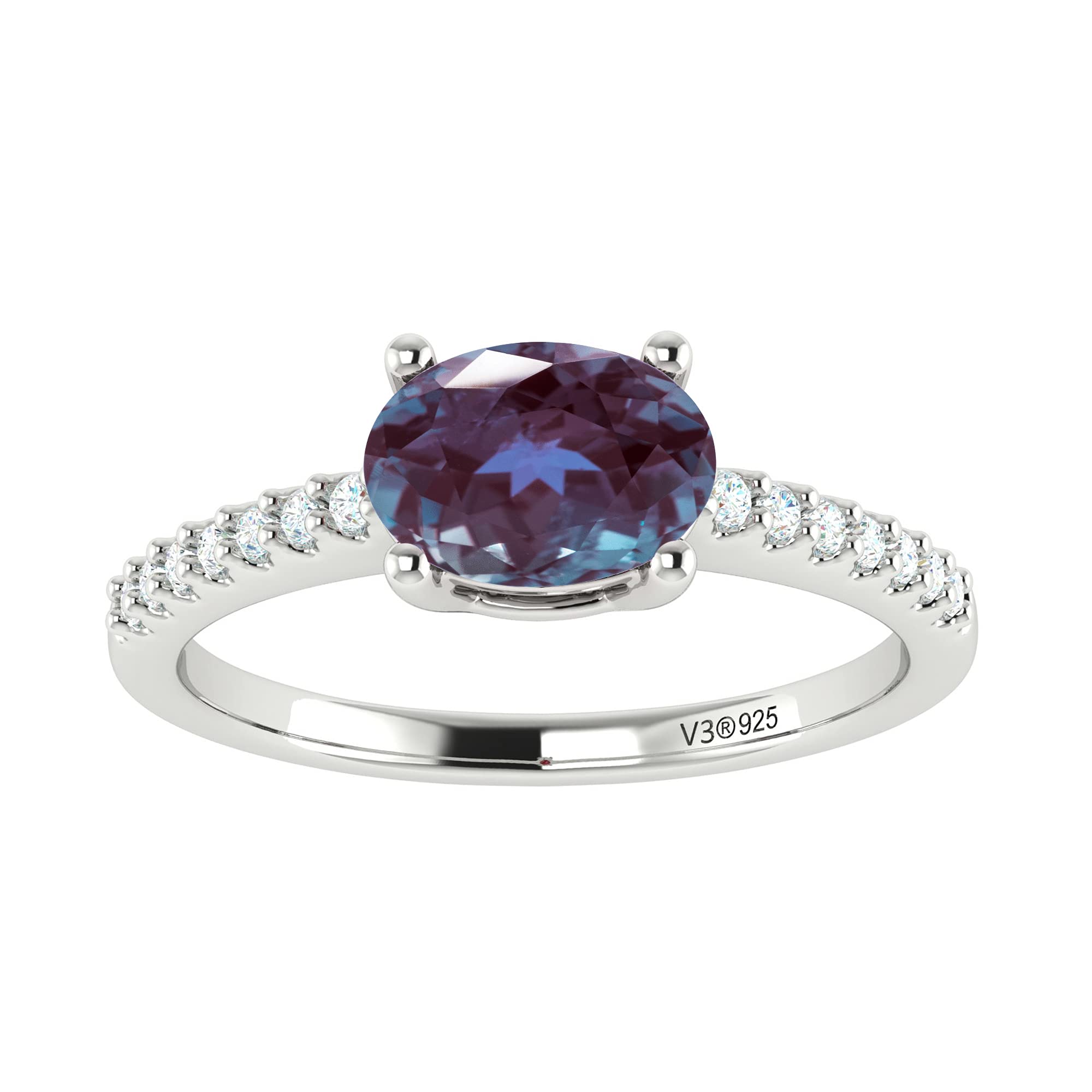 V3 Jewelry Sterling Silver With Color Changing Alexandrite and White Topaz Solitaire Ring