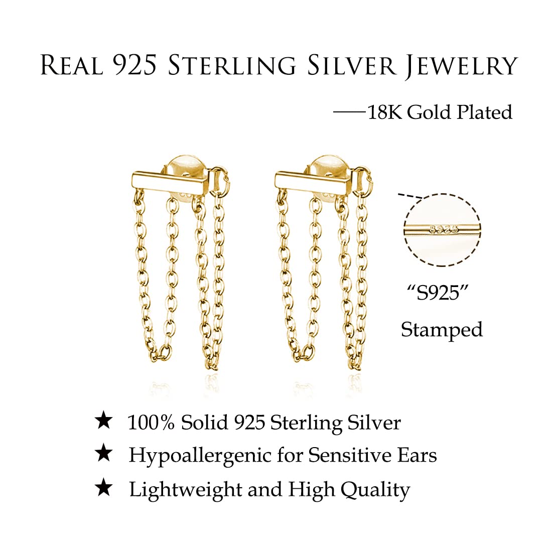 Reffeer Solid 925 Sterling Silver Bar Tassel Chain Drop Earrings for Women Bar Drop Earrings Studs Minimalist (B-18K Gold)