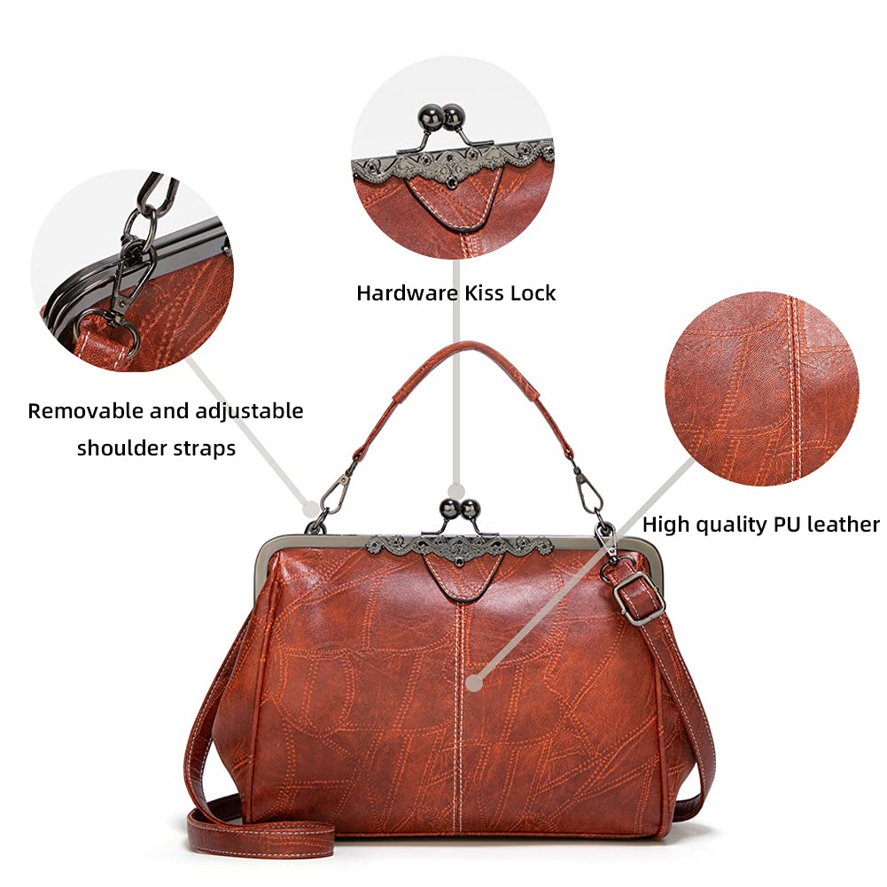 ROUROU Retro Hollow Handbag for Women PU Leather Shoulder Bag Evening Clutch Bag Kiss Lock Closure Crossbody Bag Purse