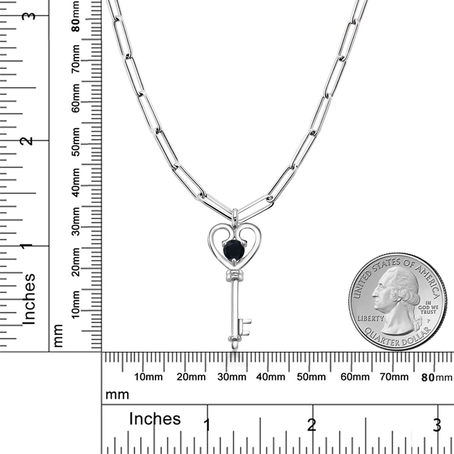 Gem Stone King 0.48 Ct Round Black Onyx 925 Sterling Silver Heart Key Pendant with 3.25mm Paperclip Link Chain 18 inch with 2 inch Extender