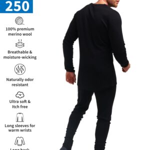 Merino.tech Merino Wool Base Layer Mens Set - Midweight Merino Wool Thermal Underwear For Men Top, Bottom (Medium, 250 Black)