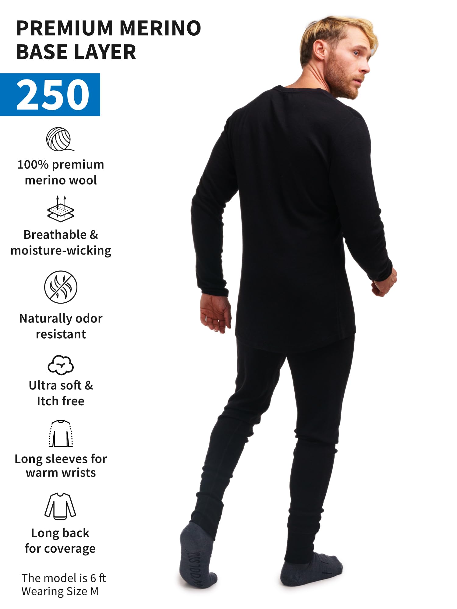 Merino.tech Merino Wool Base Layer Mens Set - Midweight Merino Wool Thermal Underwear For Men Top, Bottom (Medium, 250 Black)