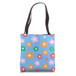 Retro Aesthetic Red Orange Pink Green Blue Daisy Flowers Tote Bag