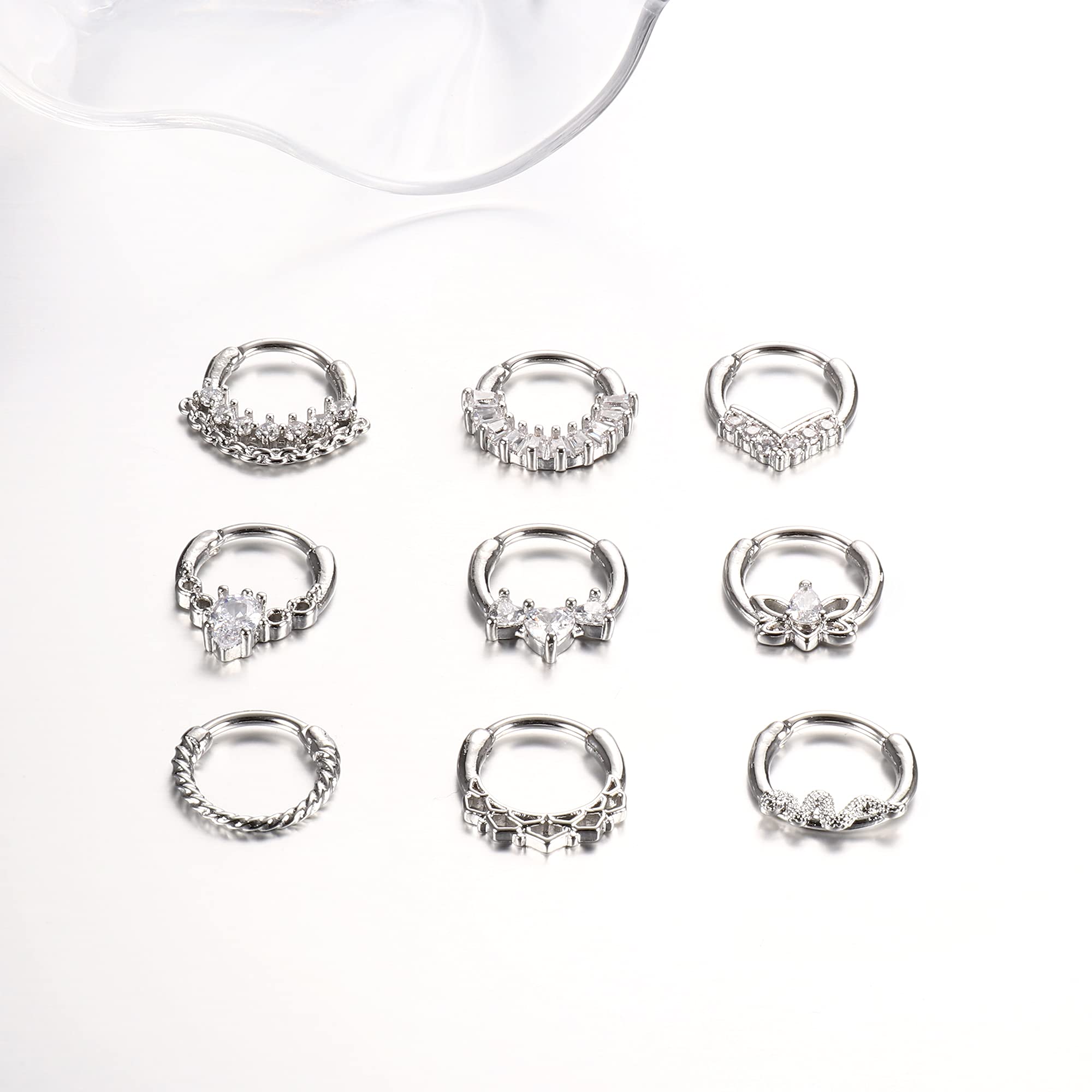 Ubjuliwa 9pcs Septum Rings Jewelry 16g Daith Earrings Hinged Hoop Nose Rings Septum Clicker CZ Stainless Steel Cartilage Earring Helix Tragus Daith Piercing Jewelry for Women