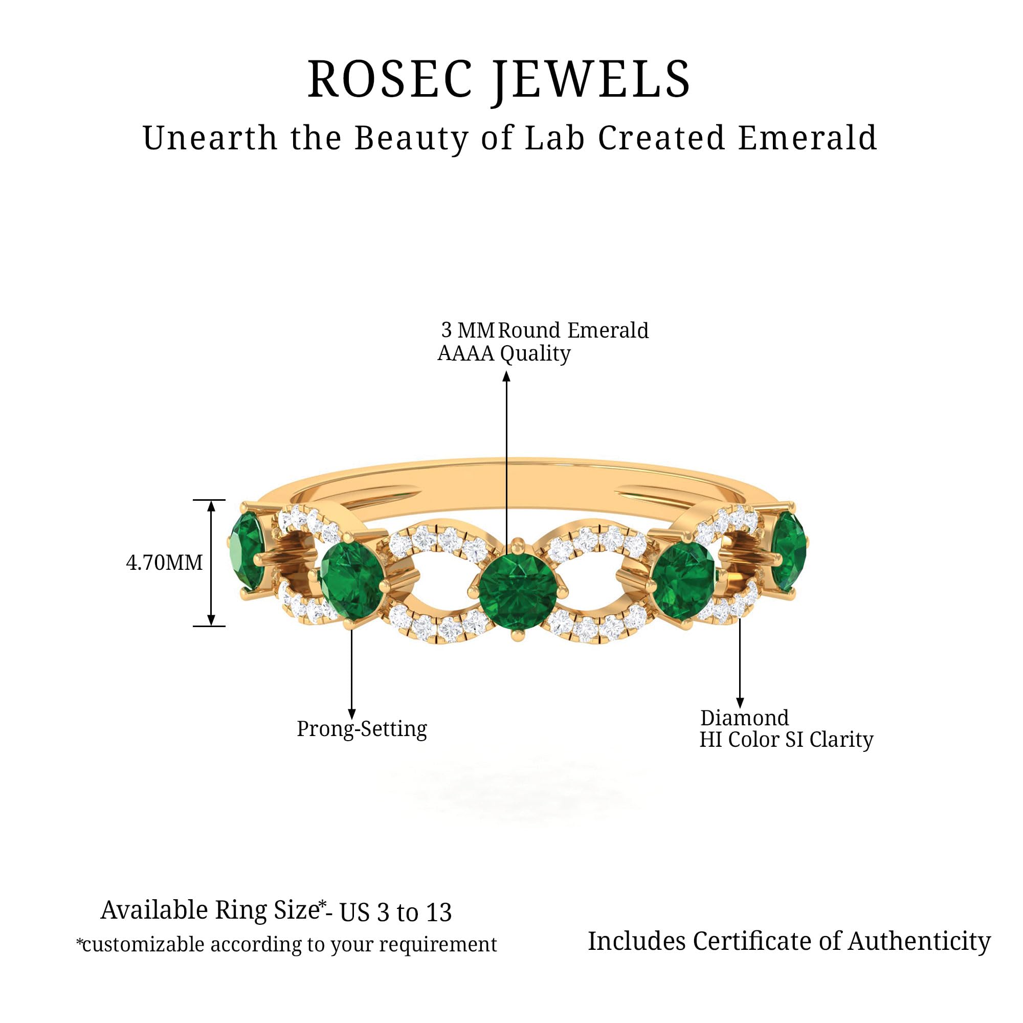 Rosec Jewels 1.5 ct Created Emerald and Diamond Bridal Eternity Ring in Gold for Women, Aaaa Quality, 14K Yellow Gold, Size:US 6.00