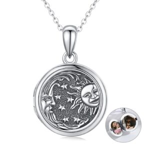 JUSTKIDSTOY Sun Moon Star Locket Necklace That Holds Pictures 925 Sterling Silver Vintage Photo Locket Pendant Necklace Oxidized Family Jewelry Gifts for Women