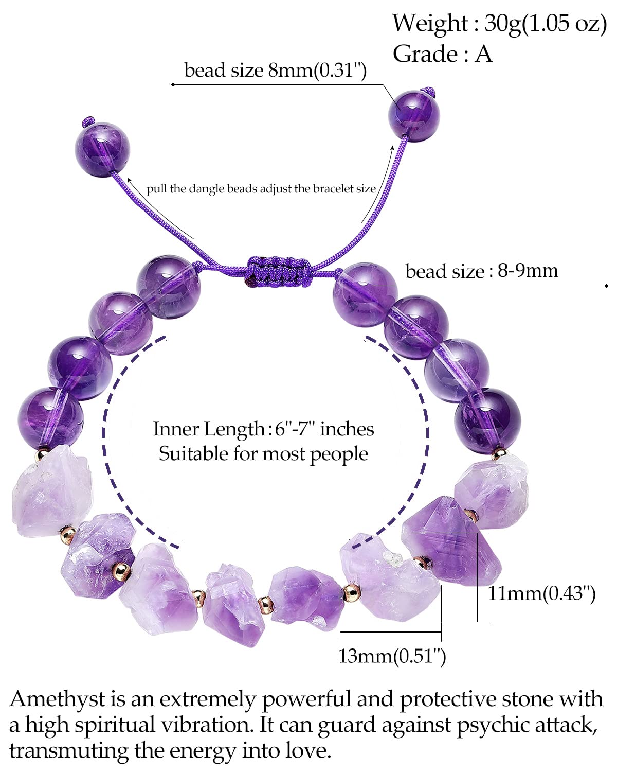 Jewever Natural Amethyst Crystal Bracelet for Women Healing Gemstones and Crystals Beaded Bracelets Meditation Balance Gifts Adjustable