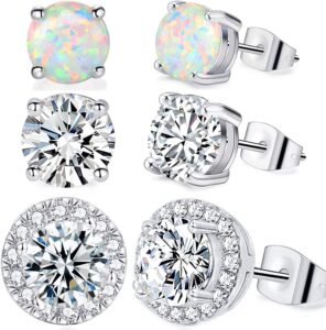 pack of earrings white opal cubic zirconia studs hypoallergnic for sensitive ears 18k white gold plated