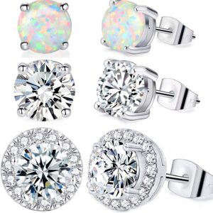 Pack of Earrings White Opal Cubic Zirconia Studs Hypoallergnic for Sensitive Ears 18K White Gold Plated