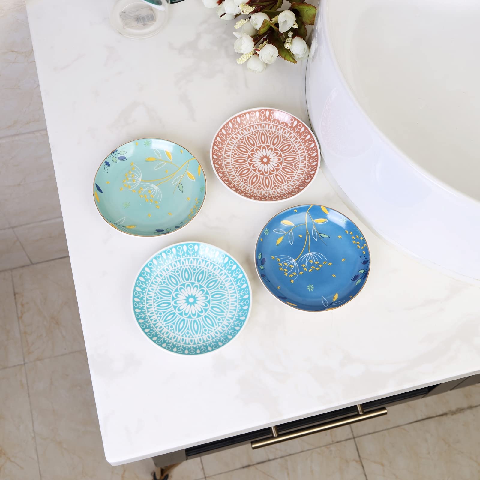 RUIMIC Ceramic Ring Dish Jewelry Tray,Bohemian/Boho Dandelion Decorative Organizer Trinket Dish with Golden,Home Decor Wedding Birthday Housewarming Gift for Her(Blue)