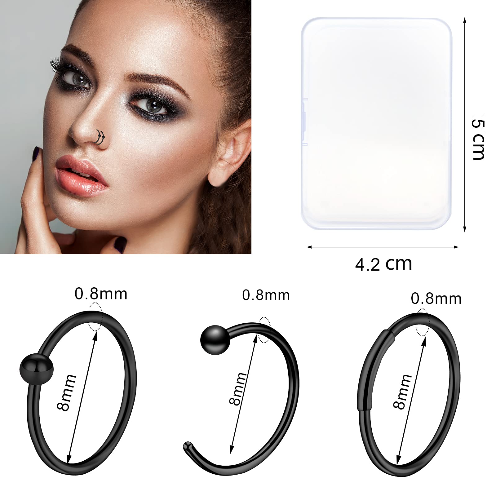 ONESING 40 Pcs 20G Black Nose Rings L Shape Studs Hoop Stainless Steel Bone Screw Body Piercing Jewelry for Women Men