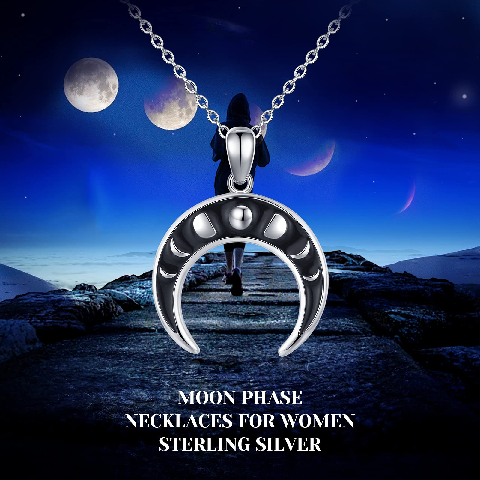 CHENGHONG Moon Phase Necklace 925 Sterling Silver Cresent Moon Necklace Moon Charm Jewelry Gifts for Women Men