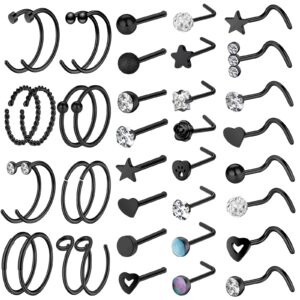 ONESING 40 Pcs 20G Black Nose Rings L Shape Studs Hoop Stainless Steel Bone Screw Body Piercing Jewelry for Women Men