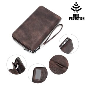 BROMEN Womens Wallet RFID Blocking Large Capacity Wristlet Phone Holder Zip Around Leather Clutch Purse Retro Coffee