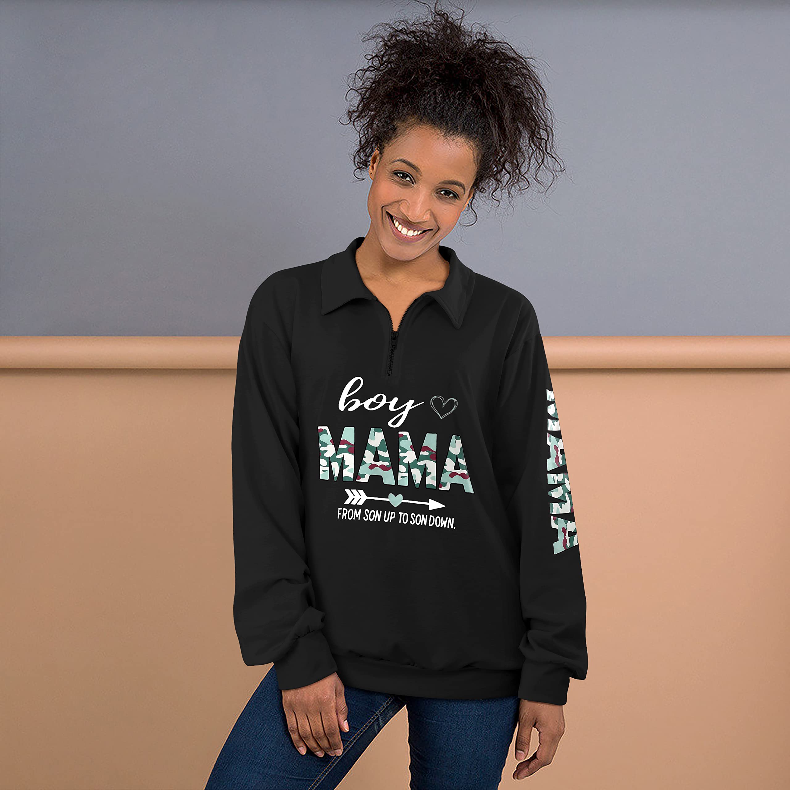 RMCMS Womens Boy Mama Shirt, From Son Up To Son Down, Heart Arrow Print Zip Early Fall Lightweight Sweatshirt Top