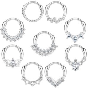 Ubjuliwa 9pcs Septum Rings Jewelry 16g Daith Earrings Hinged Hoop Nose Rings Septum Clicker CZ Stainless Steel Cartilage Earring Helix Tragus Daith Piercing Jewelry for Women