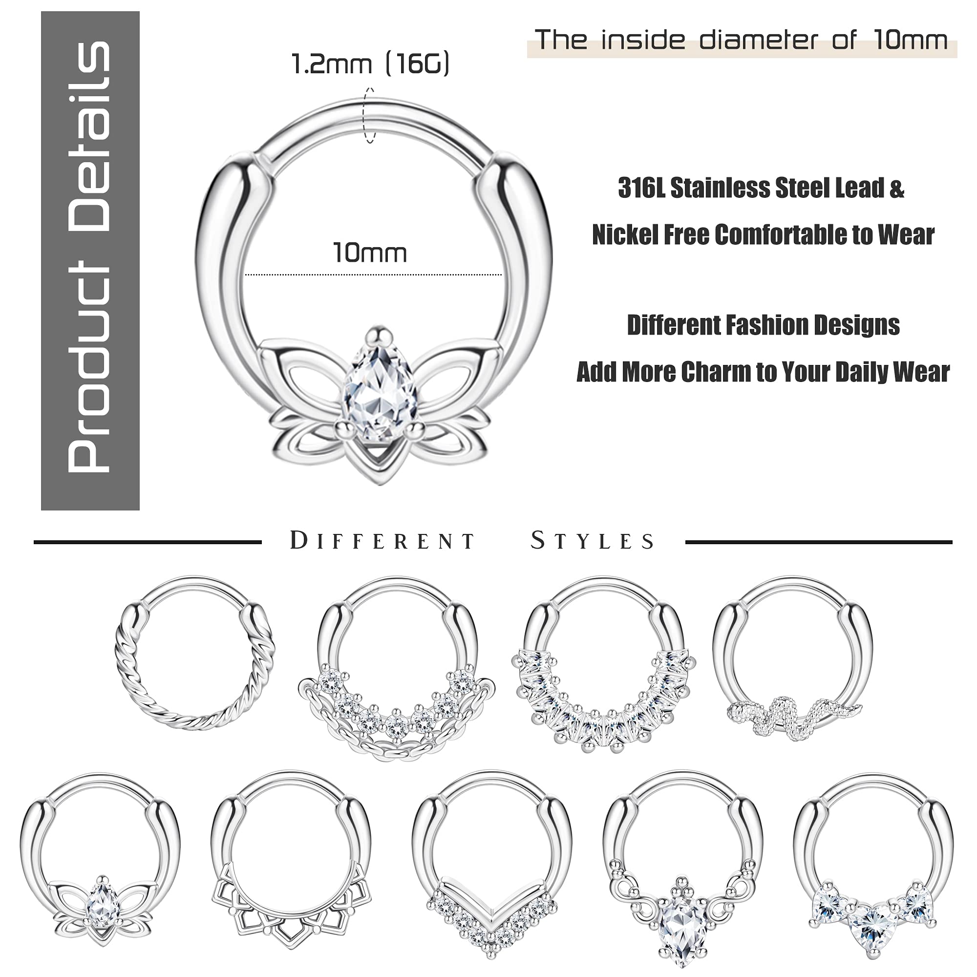 Ubjuliwa 9pcs Septum Rings Jewelry 16g Daith Earrings Hinged Hoop Nose Rings Septum Clicker CZ Stainless Steel Cartilage Earring Helix Tragus Daith Piercing Jewelry for Women