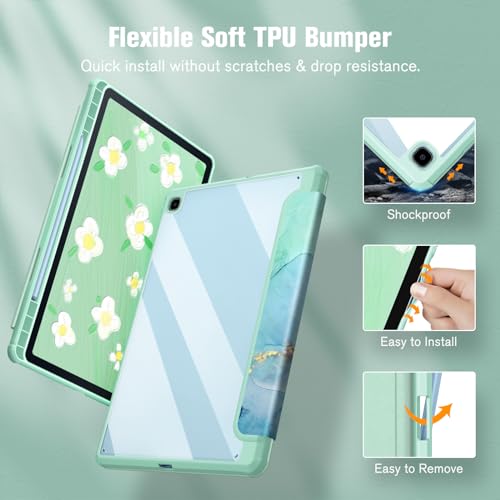 Fintie Hybrid Slim Case for Samsung Galaxy Tab S6 Lite 10.4 Inch 2024/2022/2020 with S Pen Holder, Shockproof Cover with Clear Transparent Back Shell, Emerald Marble