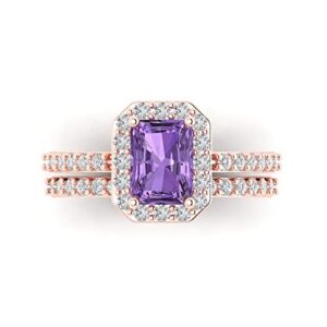 Clara Pucci 2.20ct Emerald Cut Halo Solitaire Accent Created Alexandrite Engagement Anniversary Bridal Ring Band set 18K Rose Gold 7.75