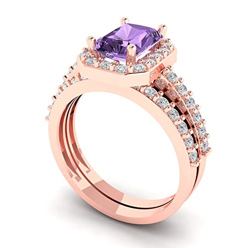 Clara Pucci 2.20ct Emerald Cut Halo Solitaire Accent Created Alexandrite Engagement Anniversary Bridal Ring Band set 18K Rose Gold 7.75