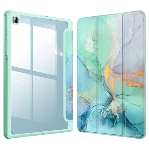 Fintie Hybrid Slim Case for Samsung Galaxy Tab S6 Lite 10.4 Inch 2024/2022/2020 with S Pen Holder, Shockproof Cover with Clear Transparent Back Shell, Emerald Marble