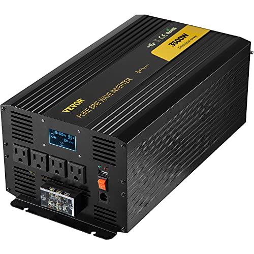 VEVOR Pure Sine Wave Inverter 3500 Watt Power Inverter, DC 12V to AC 120V Car Inverter, with USB Port LCD Display Remote Controller and AC Outlets (GFCI), for RV Truck Car Solar System Travel Camping