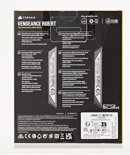 CORSAIR Vengeance RGB RT 32GB (2x16GB) DDR4 3600 (PC4-28800) C16 1.35V Desktop Memory, Black