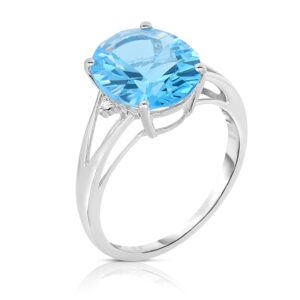 KOKAV 14K White Gold Genuine Blue Topaz 5-5/8 Ct Oval, Diamond Accent Ring, Split Shank. Size 7