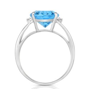 KOKAV 14K White Gold Genuine Blue Topaz 5-5/8 Ct Oval, Diamond Accent Ring, Split Shank. Size 7