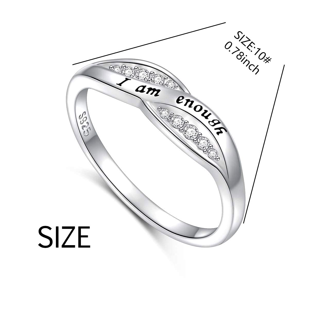 FLYOW Gifts for Mom I am Enough Rings 925 Sterling Silver CZ Ring Encouragement Jewelry Gift for Women Teen Girls Ring Size 5-10 (10)