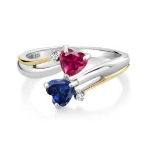 Gem Stone King 925 Silver and 10K Yellow Gold Red Created Ruby Blue Created Sapphire and Lab Grown Diamond 2 Heart Promise Couple Engagement Mother Ring (1.12 Cttw, Available In Size 5, 6, 7, 8, 9)