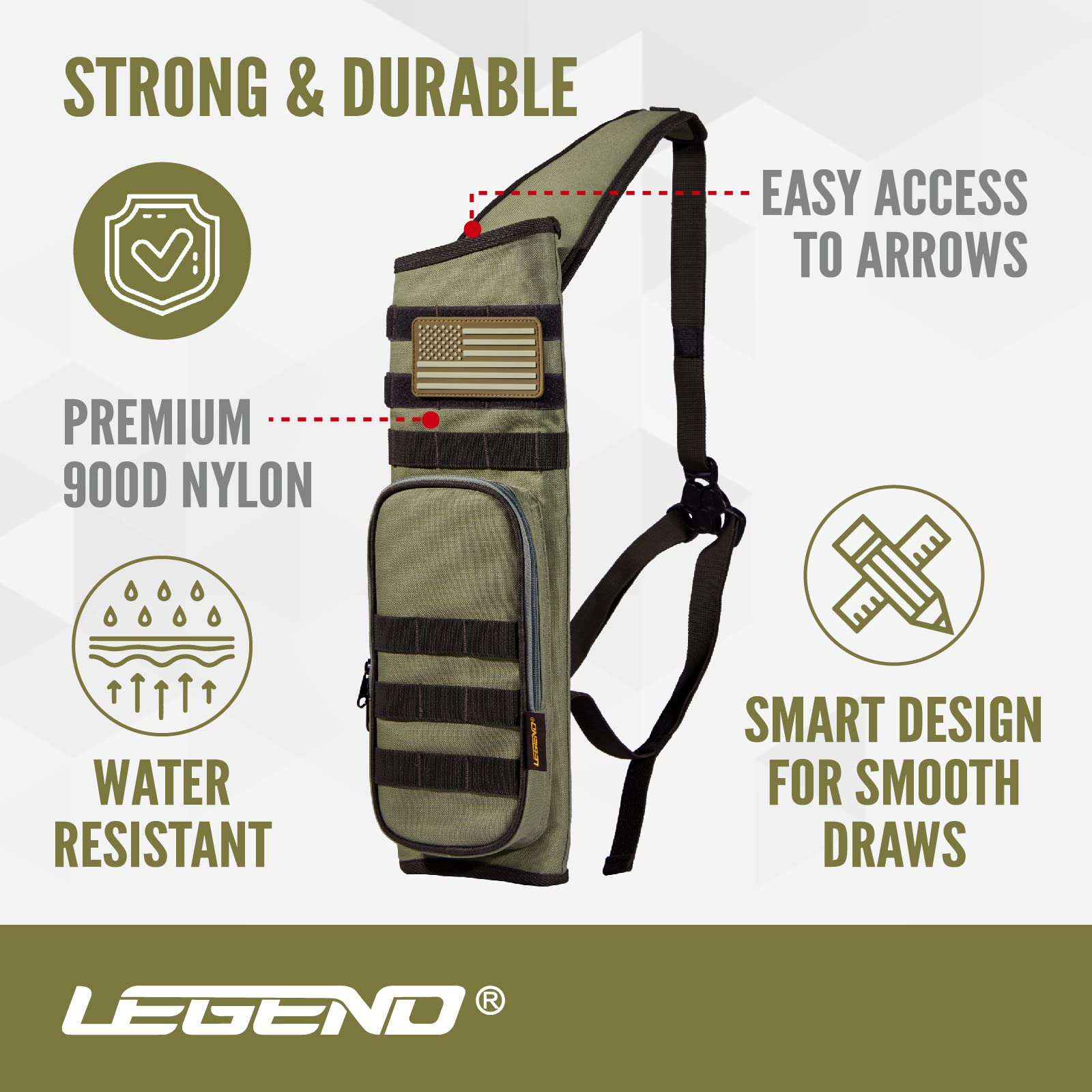 Legend Back Quiver - Tactical Arrow Holder, High-Density Polyester Fabric, Extra Shoulder Foam Padding - MOLLE System for Patches, Pouches - Zippered Storage for Archery & Hunting Accessories - Green