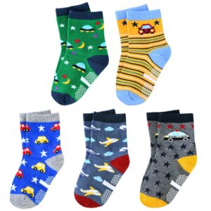 OOPOR Kids Cotton Crew Socks with Grip - 5 Pack Boys Girl Winter Athletic Sport Ankle Sock Set 3-5 Year