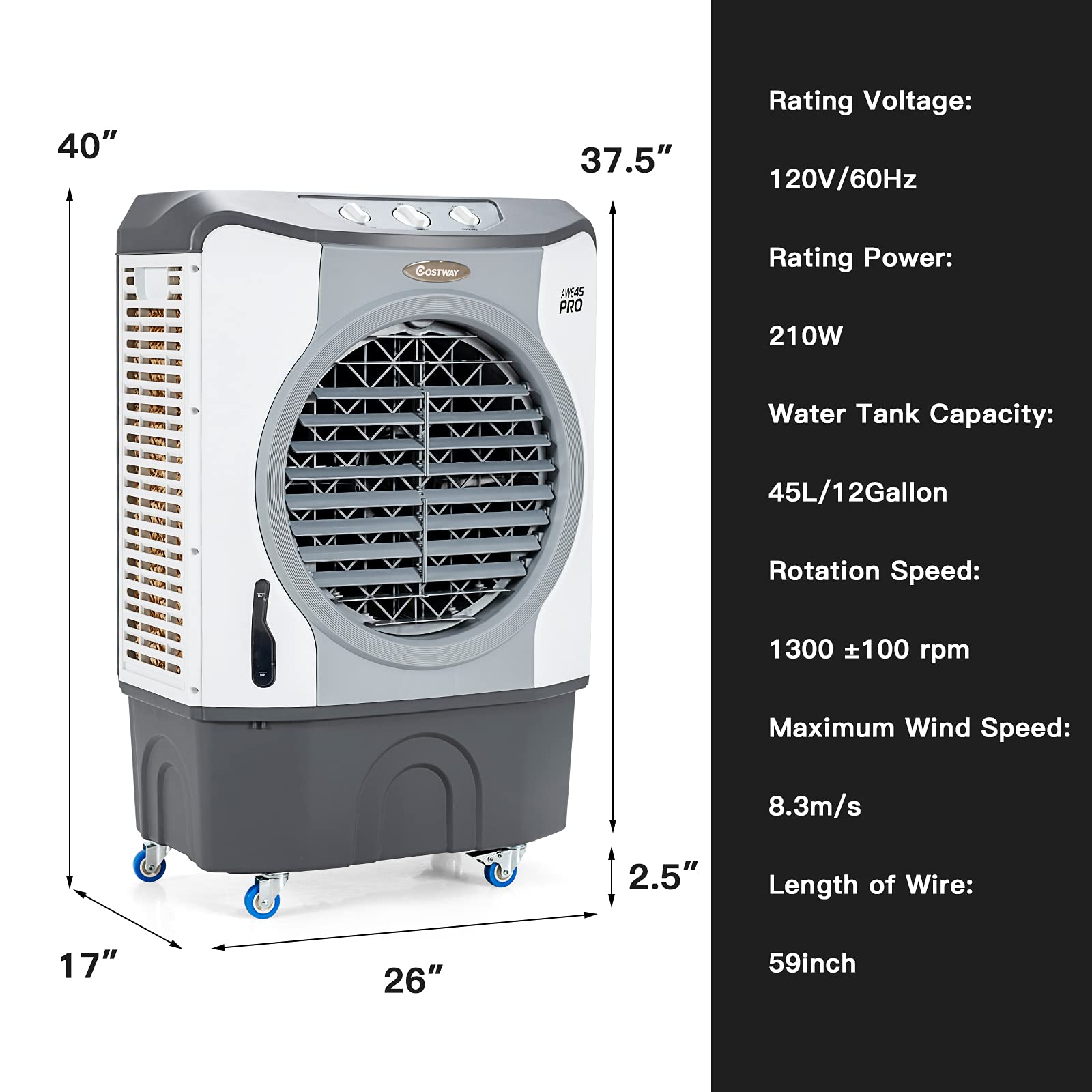 COSTWAY Evaporative Air Cooler, 3450 CFM Swamp Cooler with 100°Oscillation, 210W Cooling Fan, 3 Speeds & 3 Modes Cools up to 1800 Sq. ft, AC Unit with 4 Universal Casters for Indoor & Outdoor