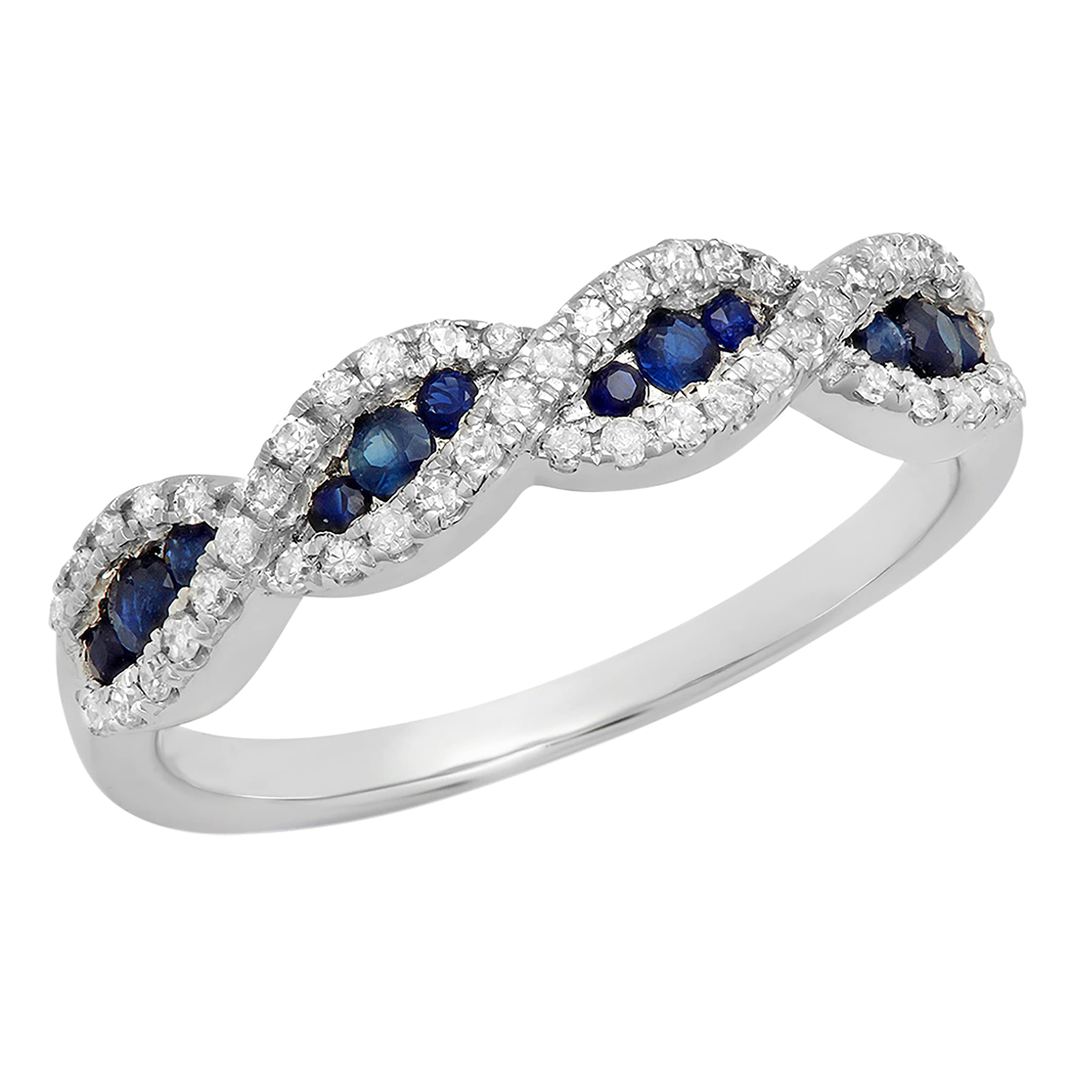 Dazzlingrock Collection Round Blue Sapphire & White Diamond Swirl Stackable Anniversary Ring for Women in 14K White Gold Size 9.5