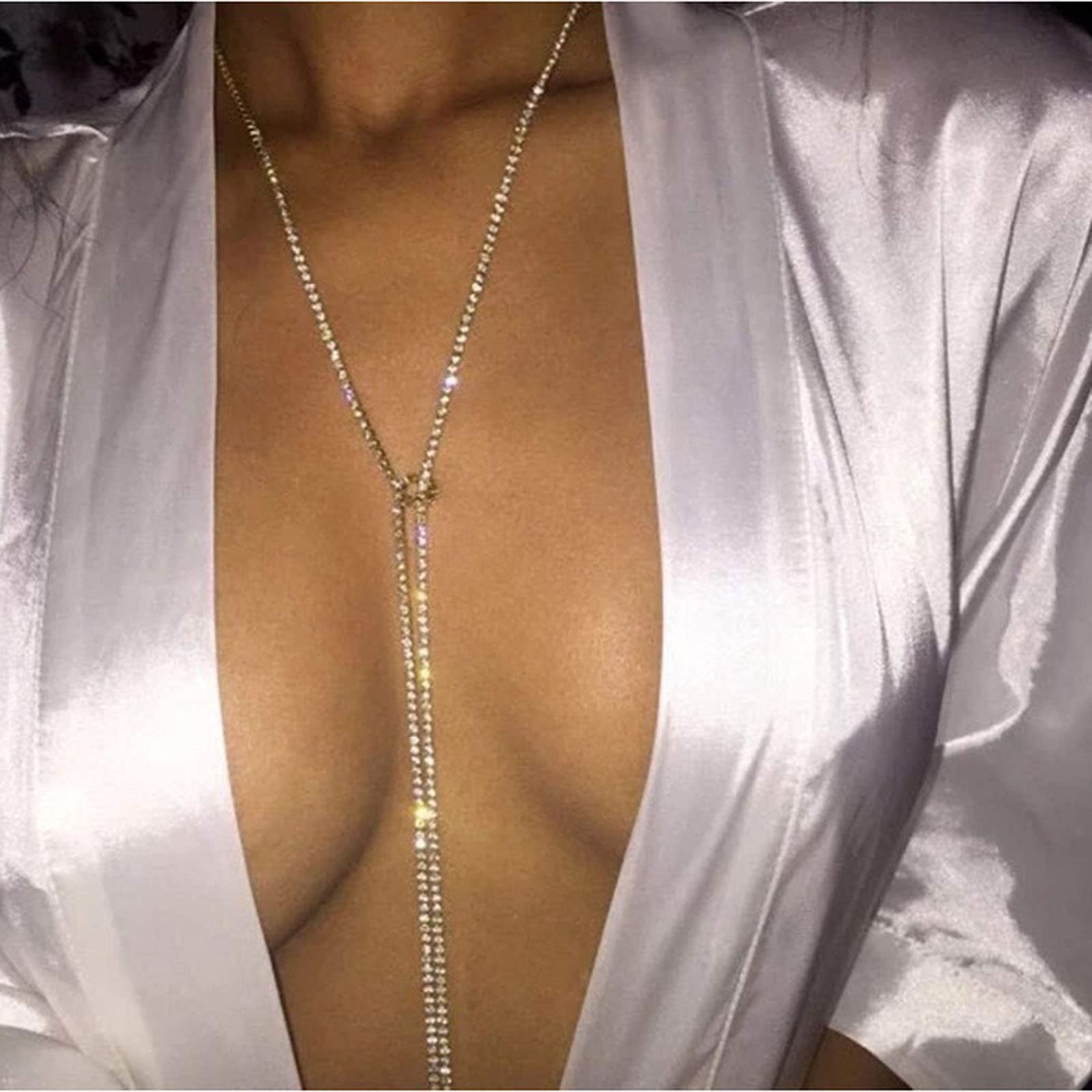 Lirgoriy Silver Necklace Rhinestone Tassel Necklace Sexy Crystal Long Choker Necklaces Accessories for Women Body Jewelry Nightclub Party (Silver2)