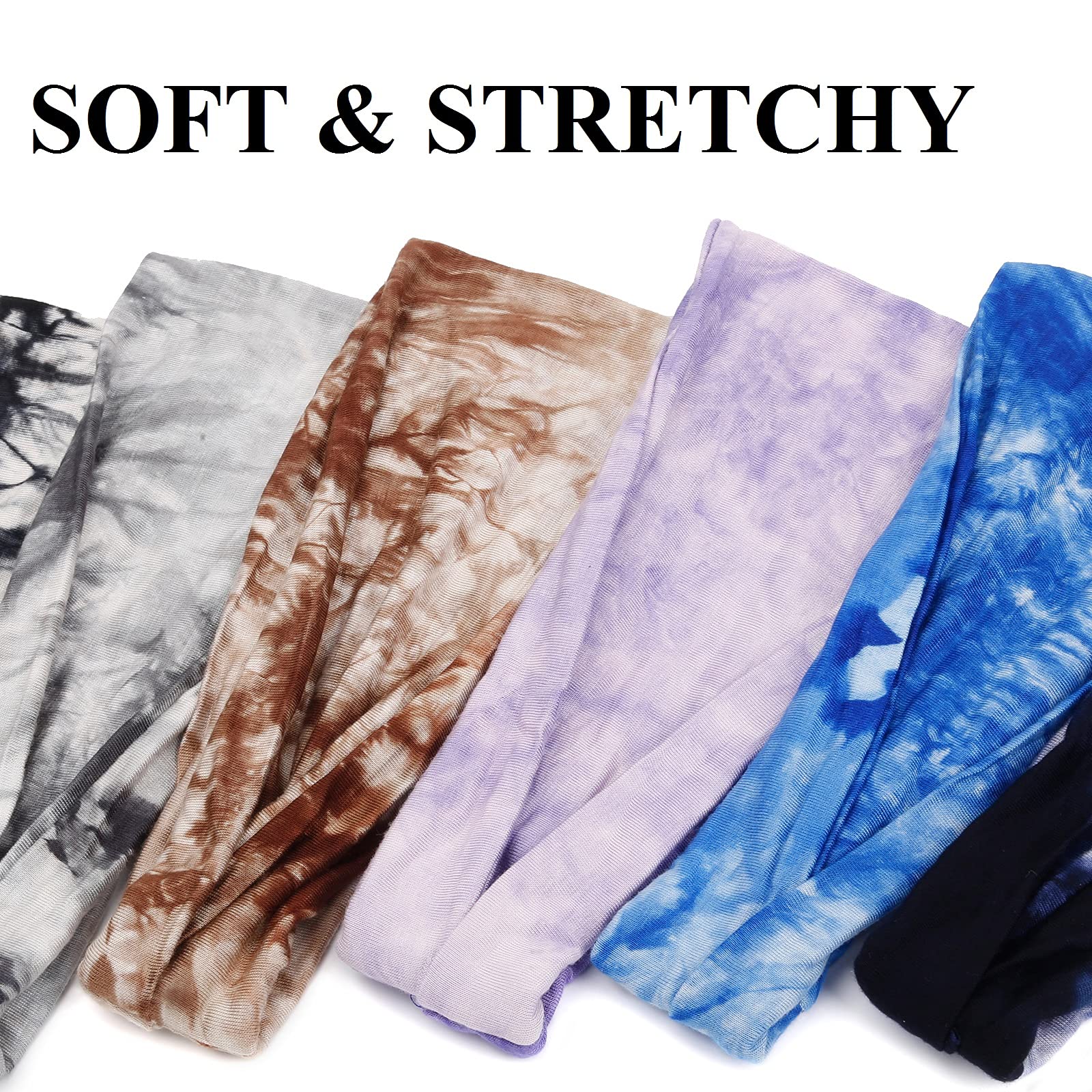 Huachi Headbands for Women Athletic Sweat Bands Tie Dye, Boho Head Bands for Workout Running Yoga Sports, Wide Turban Head Wrap for Thick Fine Hair Fashion Summer Hair Accessories, 6 Pack