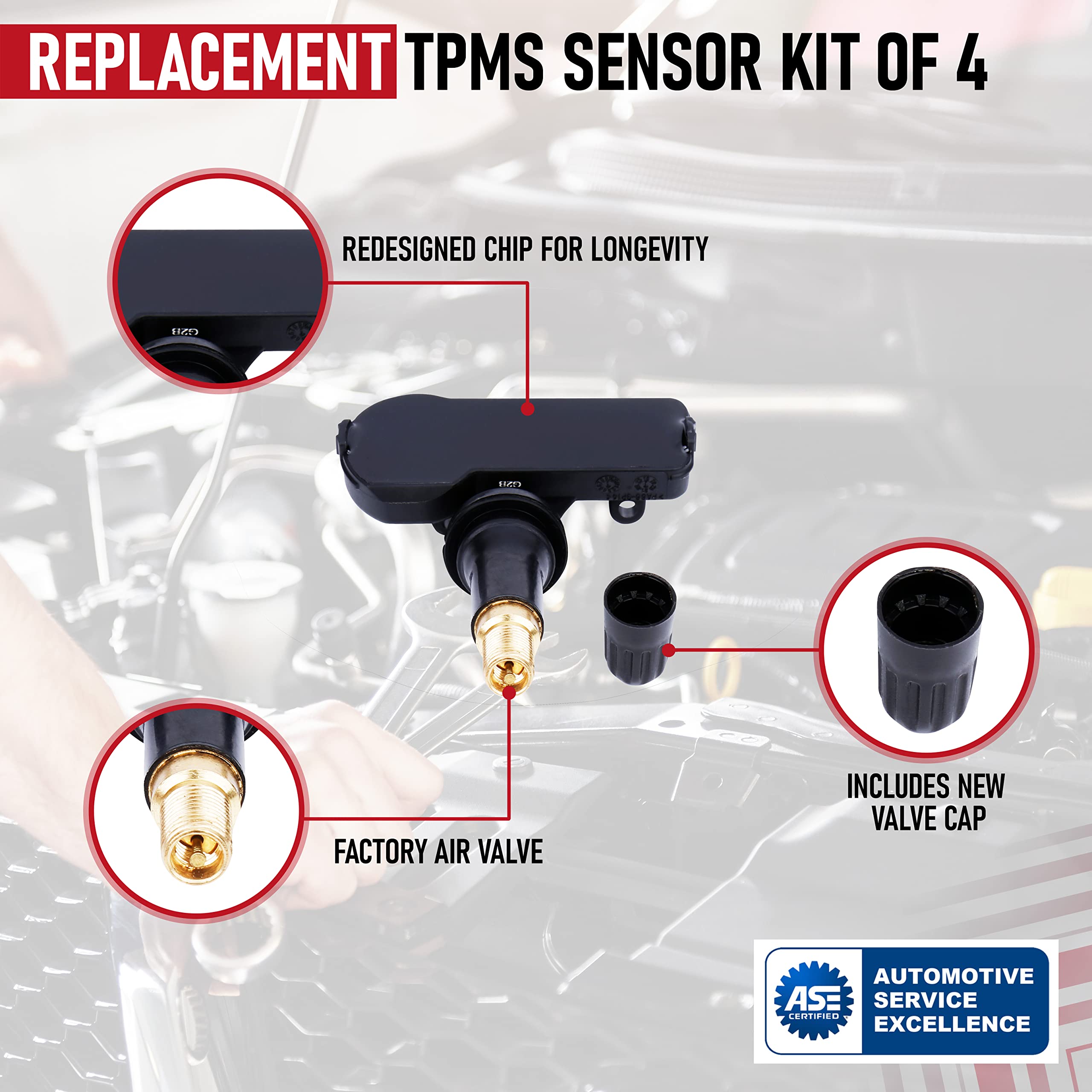 Replacement TPMS Sensor Set of 4 - Compatible with Buick, Cadillac, Chevrolet, GMC, Hummer, Pontiac, Saab, Saturn - Replaces 13598772, 974-009, 13598771-315mhz - Tire Pressure Monitoring System