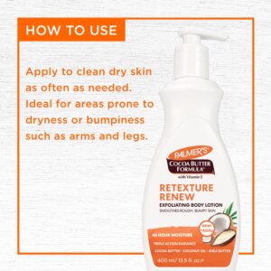 Palmer's Cocoa Butter Formula Retexture & Renew Exfoliating Body Lotion for Rough & Bumpy Skin, Triple Action Moisturizers + AHAs, Pump Bottle, 13.5 Ounce