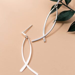 SLUYNZ 925 Sterling Silver Shiny Bar Dangle Earrings for Women Teens Flat Bar Earrings Curve Line Earrings (A-Silver)